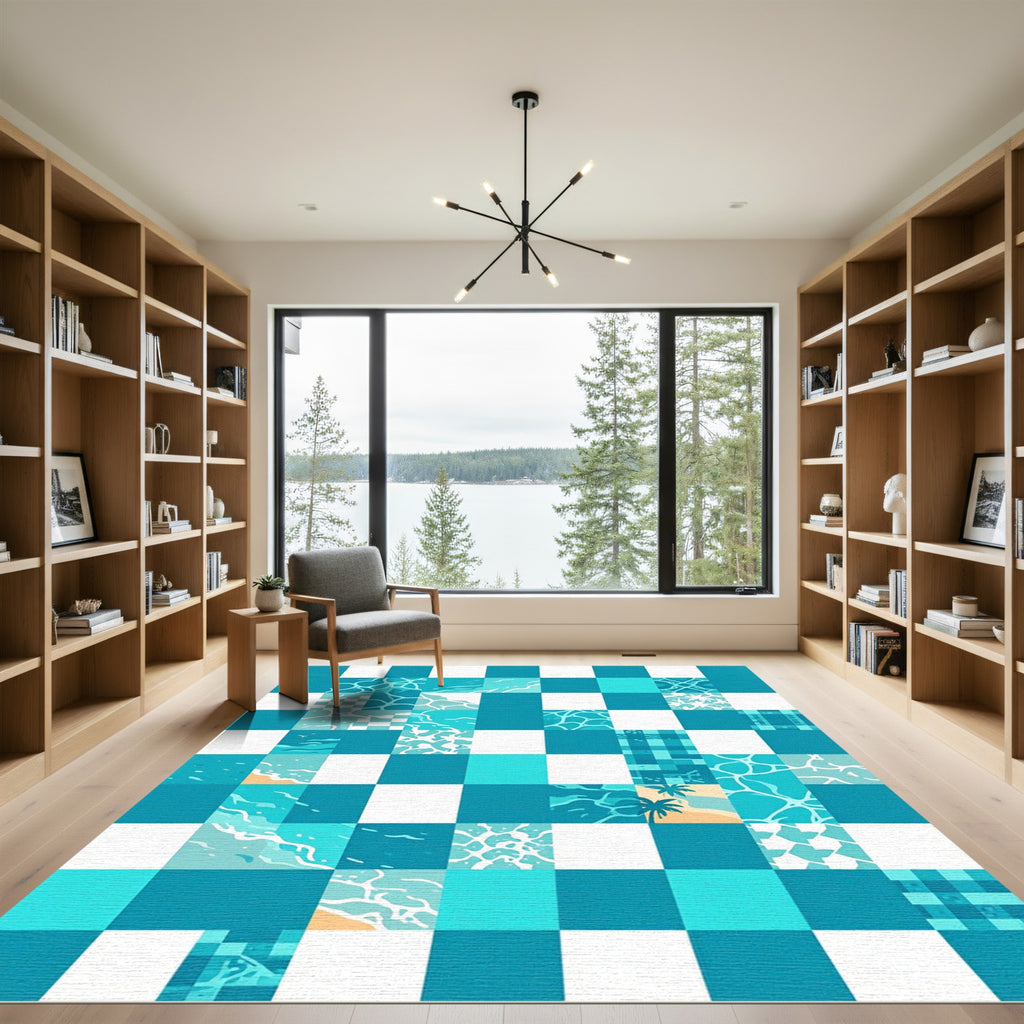 Coastal Turquoise Geometric Water Tile Rug