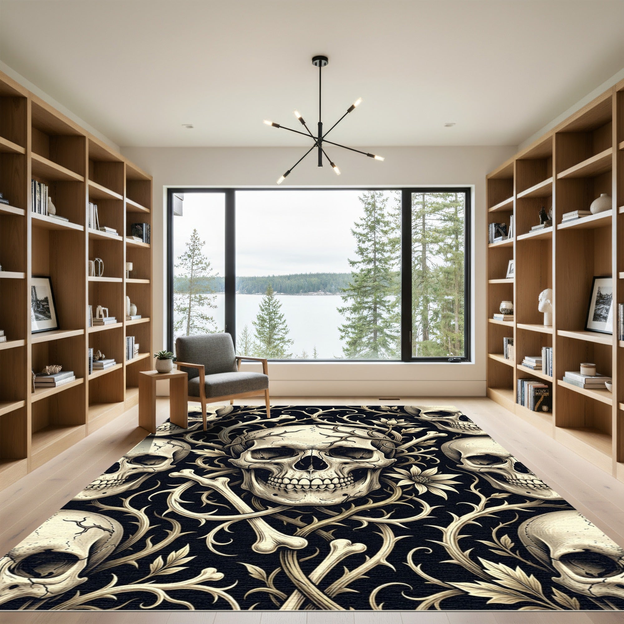 Gothic Skull and Thorn Floral Cream Rug