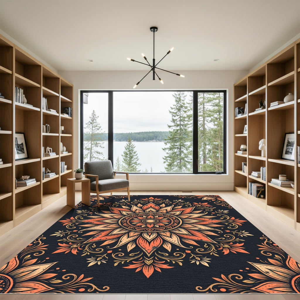 Earthy Orange Floral Mandala Medallion Rug