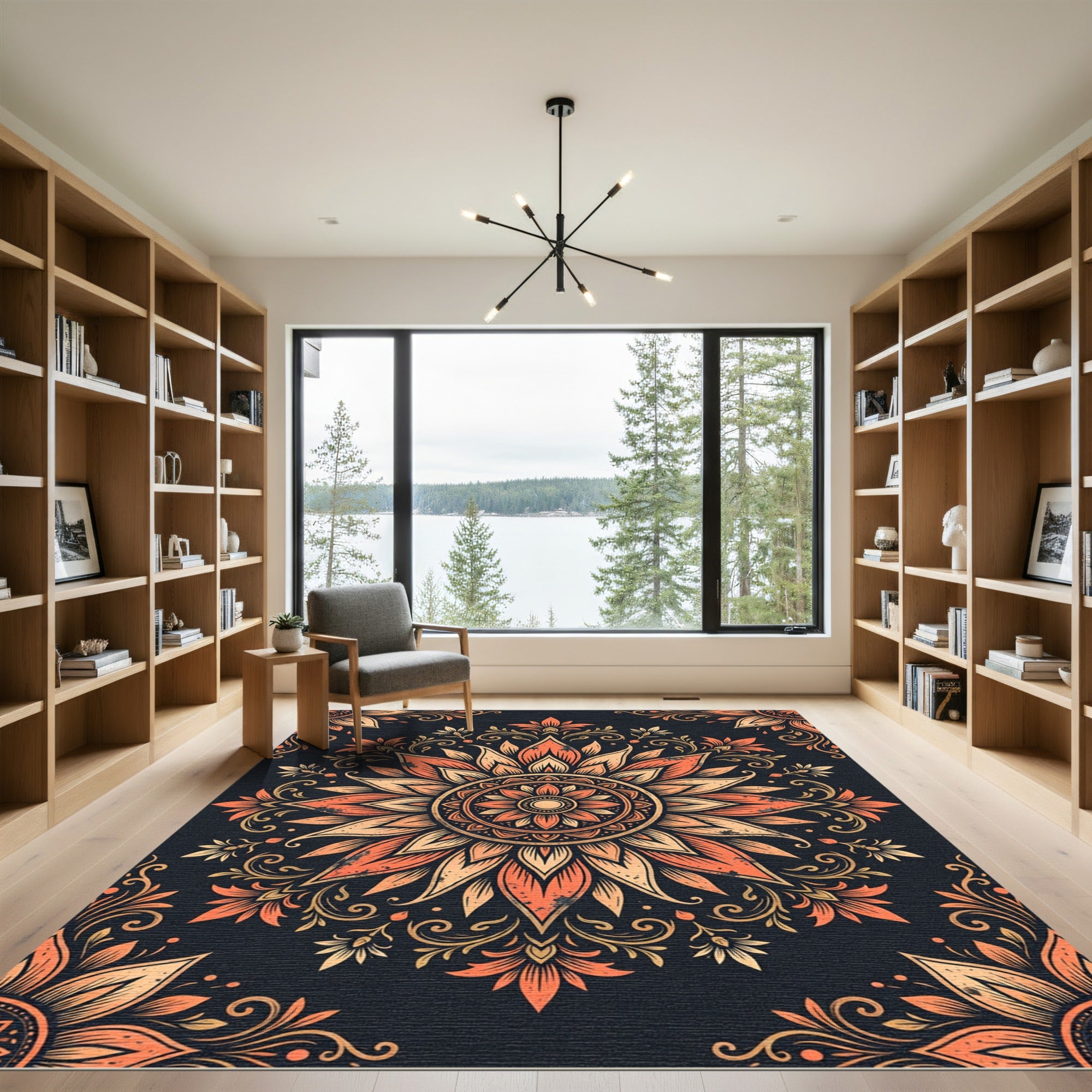 Earthy Orange Floral Mandala Medallion Rug