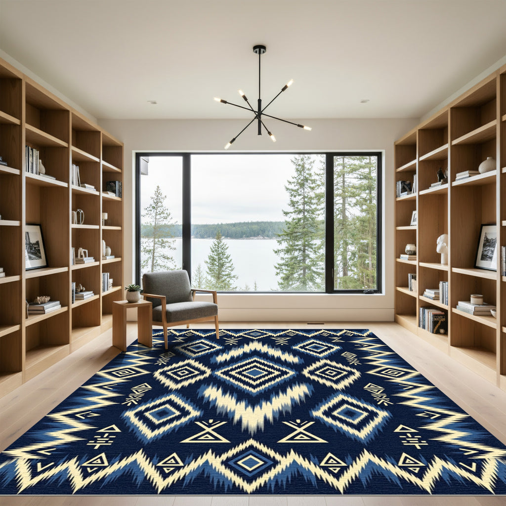 Indigo Blue Geometric Ikat Diamond Rug