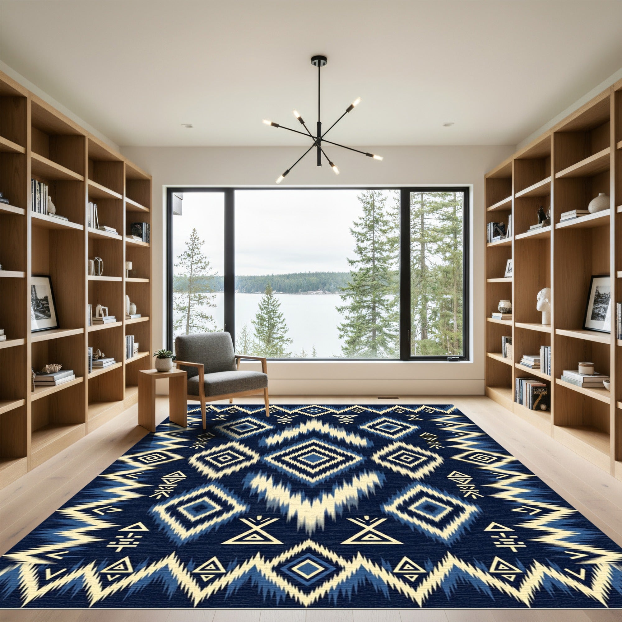 Indigo Blue Geometric Ikat Diamond Rug