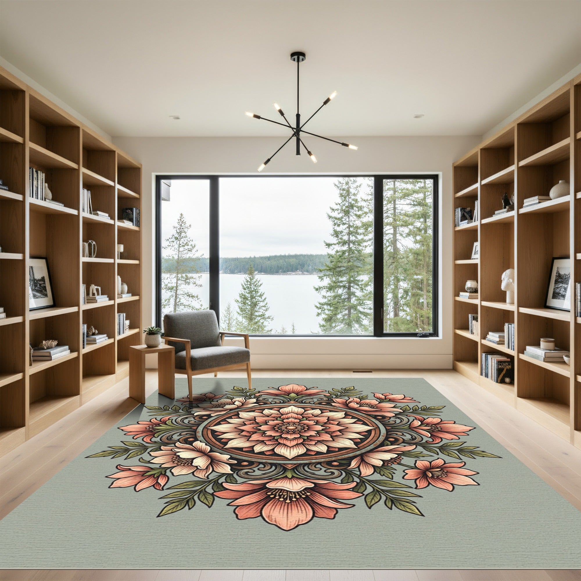 Soft Peach Floral Mandala Medallion Rug