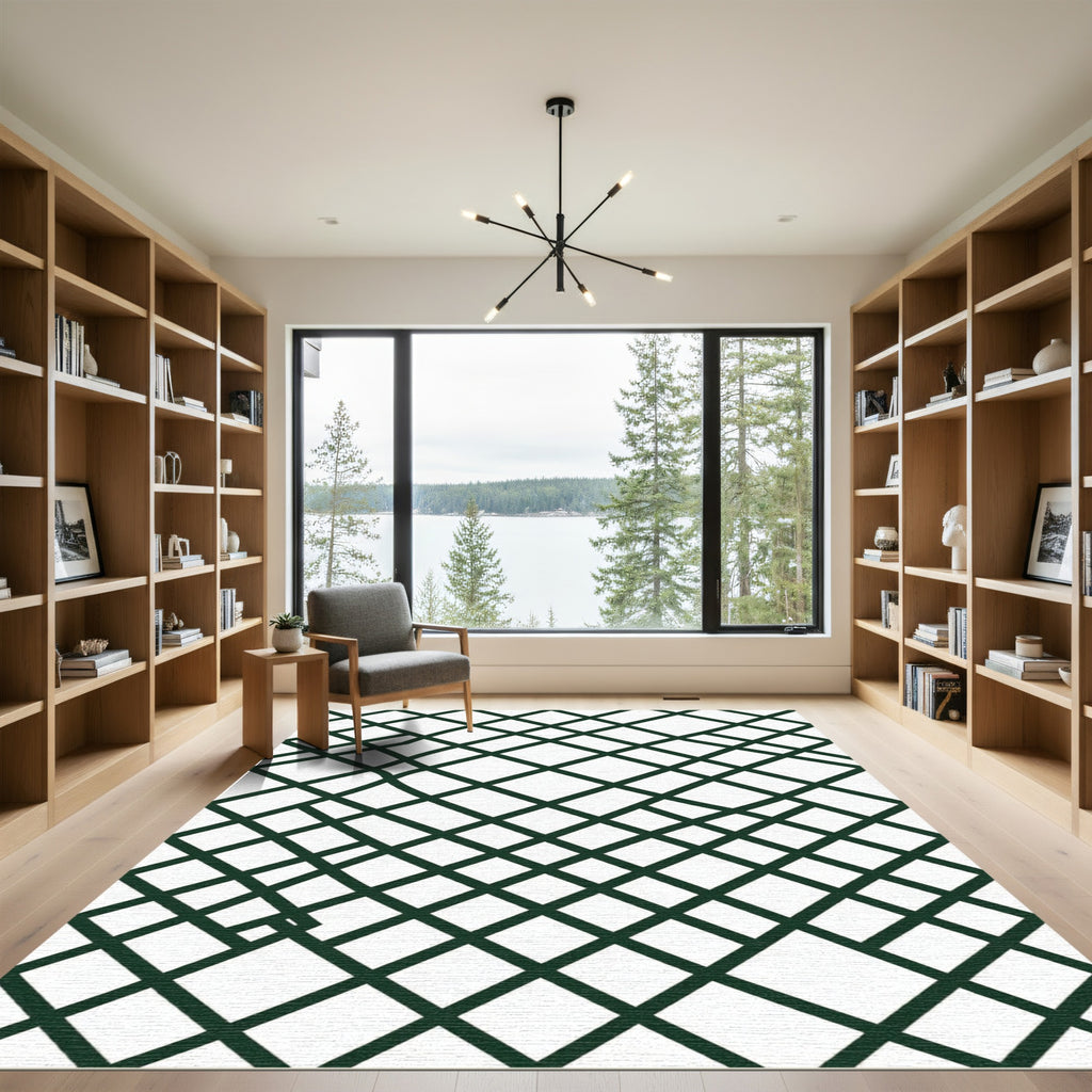 Modern Forest Green Skewed Grid Rug