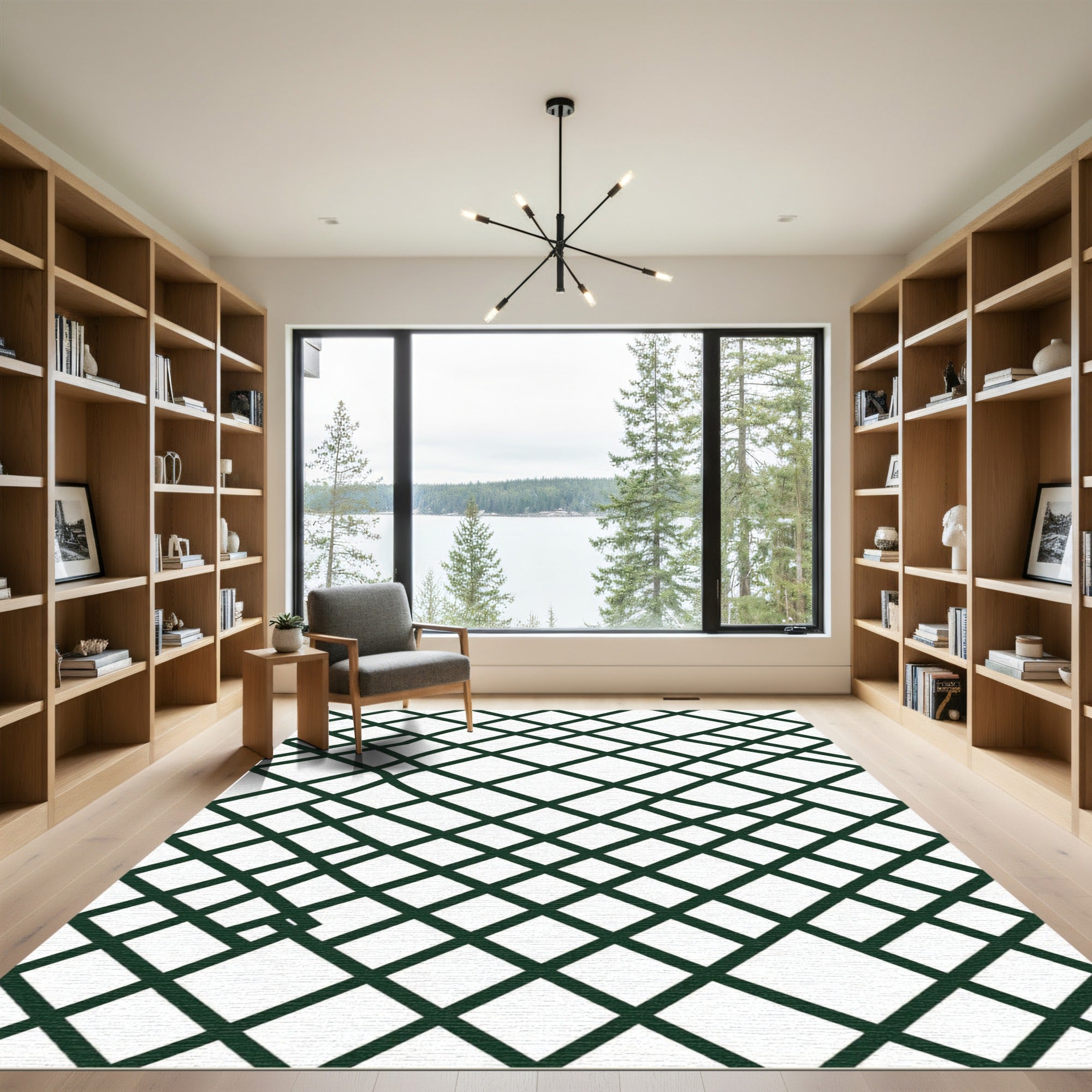 Modern Forest Green Skewed Grid Rug