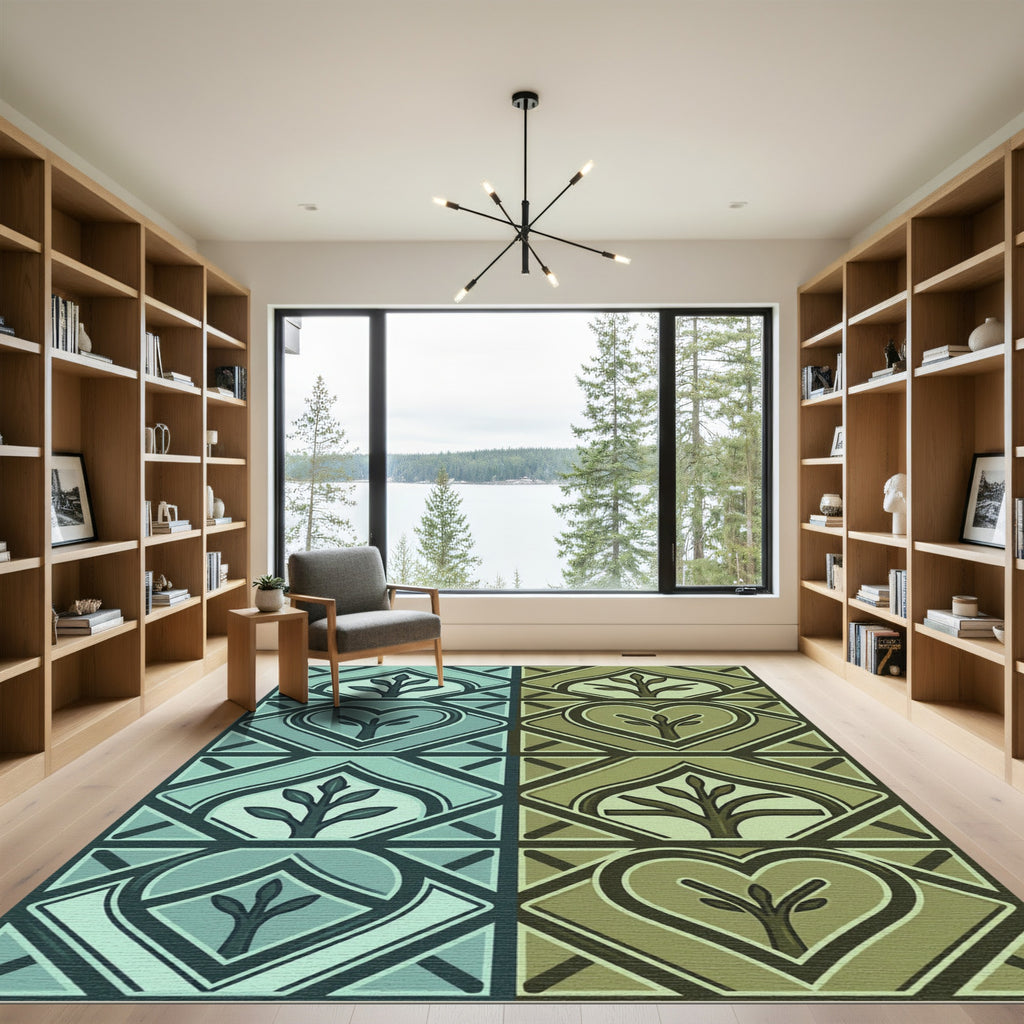 Teal Olive Heart Tree Blocks Rug