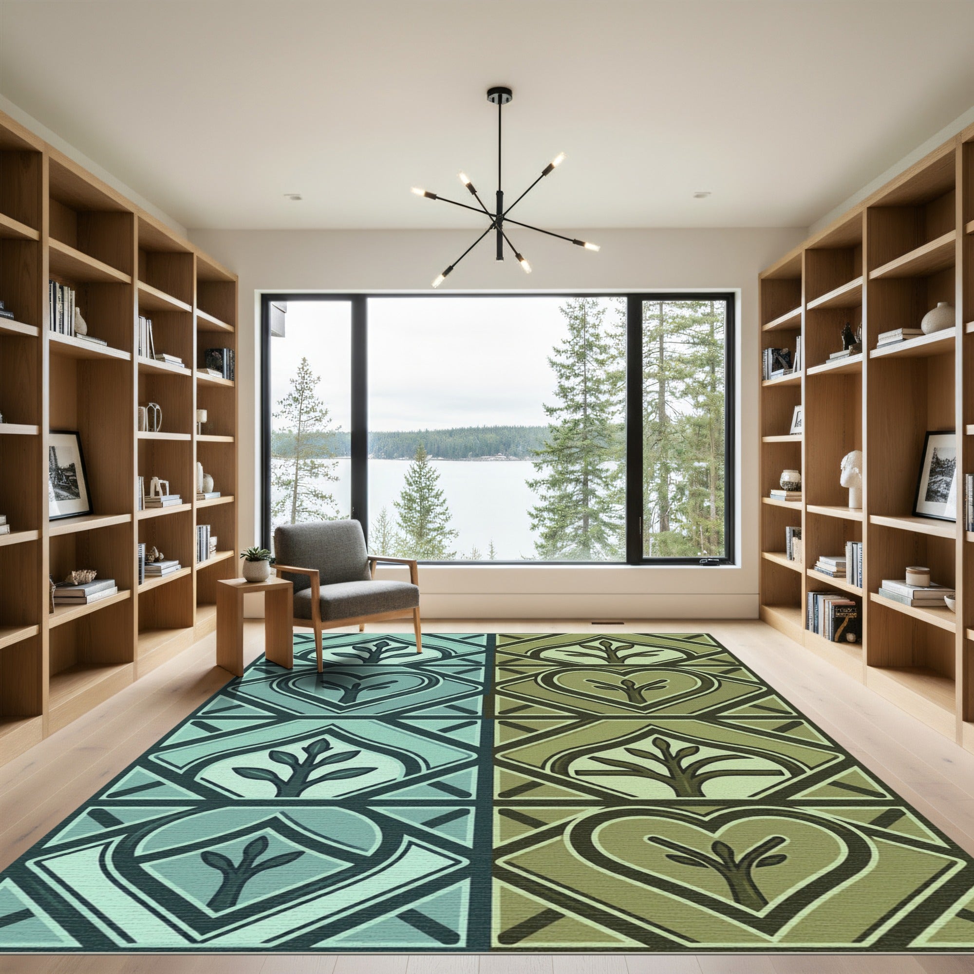 Teal Olive Heart Tree Blocks Rug