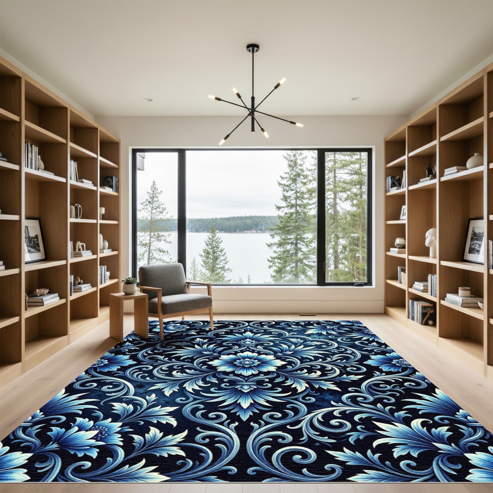 Opulent Blue Floral Damask Rug
