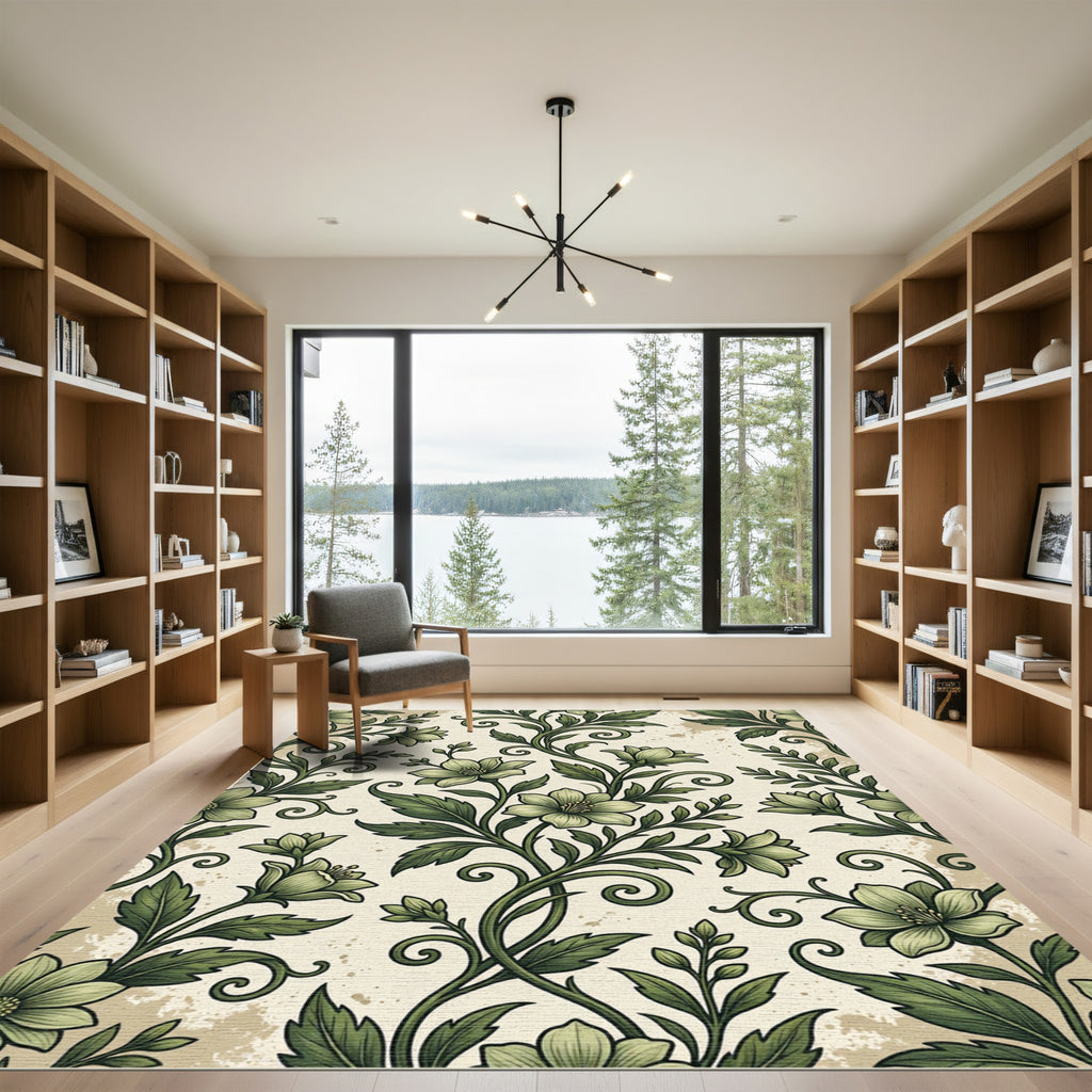 Sage Botanical Swirl Floral Scroll Rug