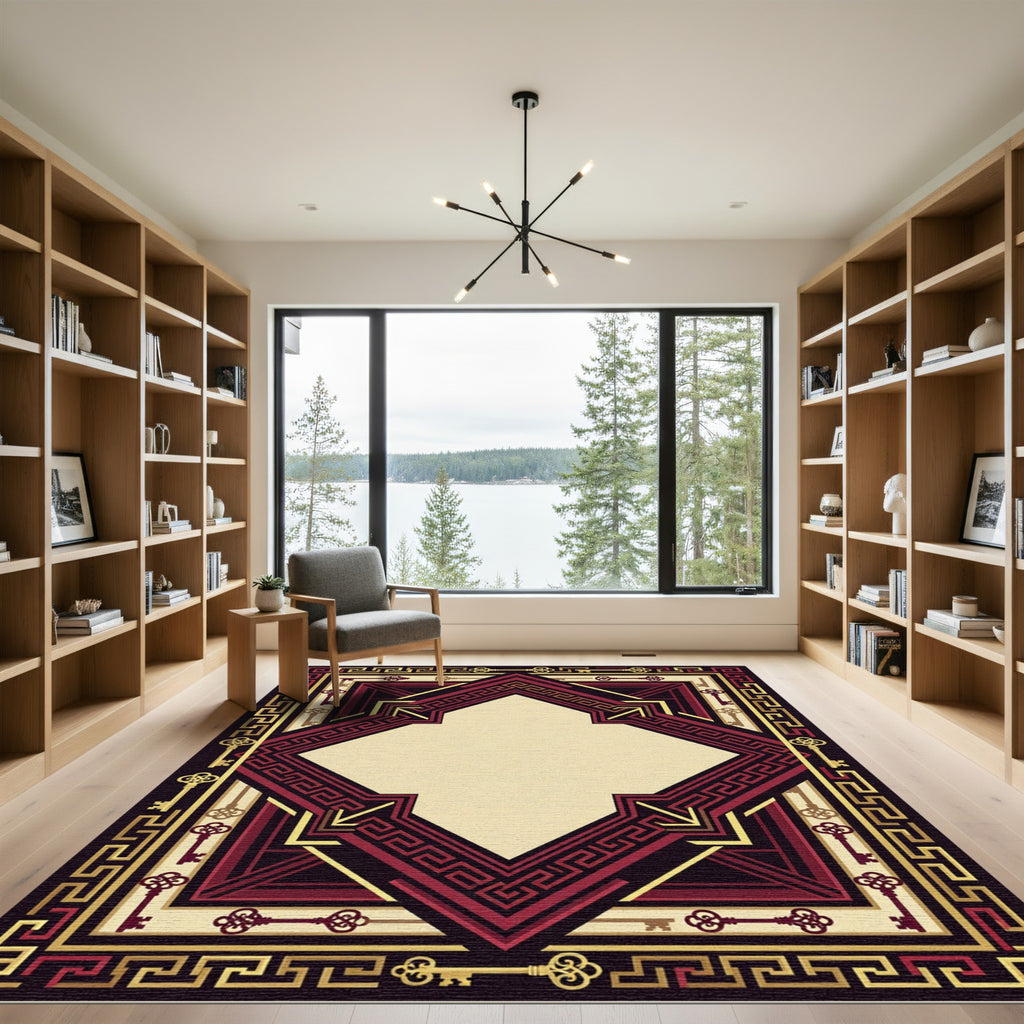 Crimson Gold Geometric Keys Medallion Rug