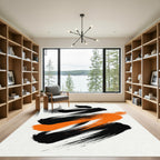 Minimalist Black and Orange Abstract Brushstroke Rug