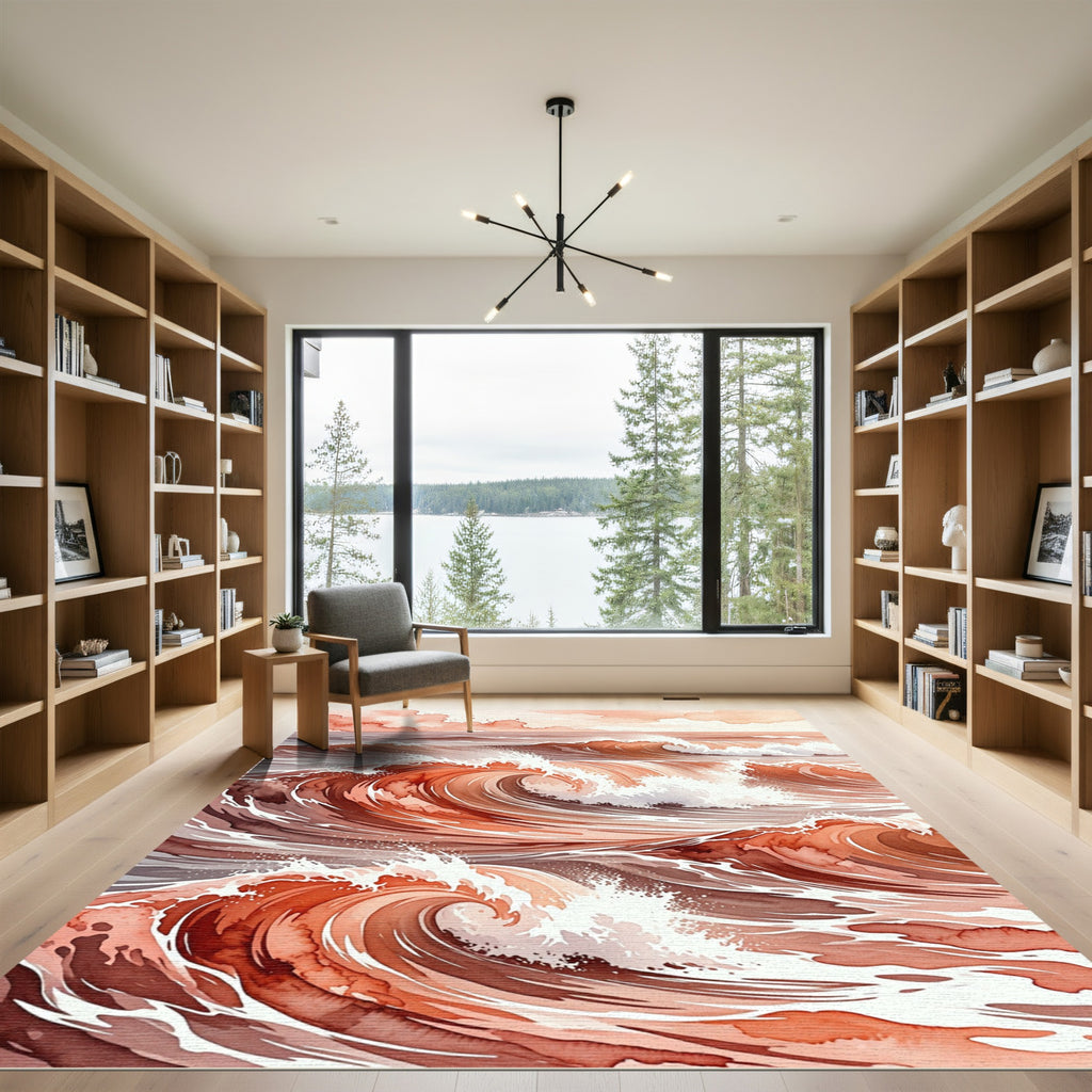 Abstract Terracotta Ocean Wave Rug