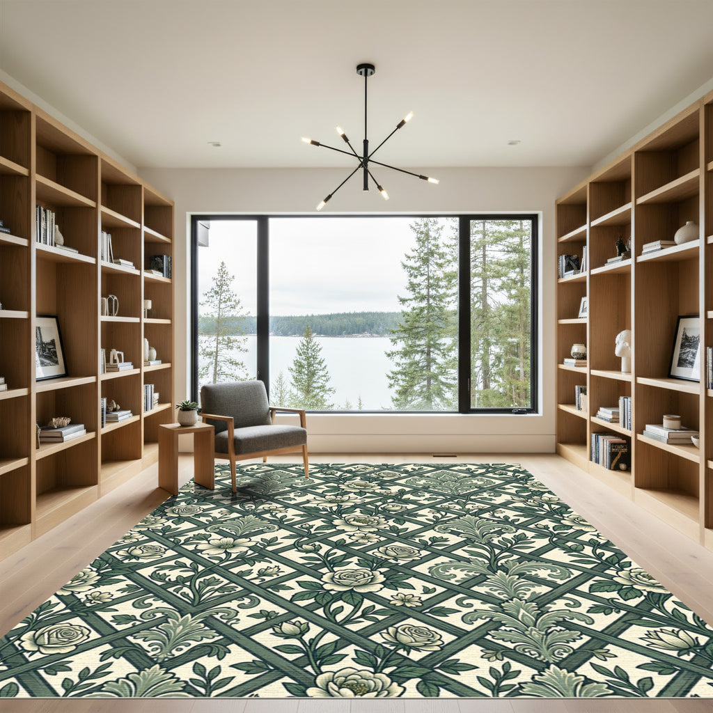 Sage Green Floral Trellis Damask Rug