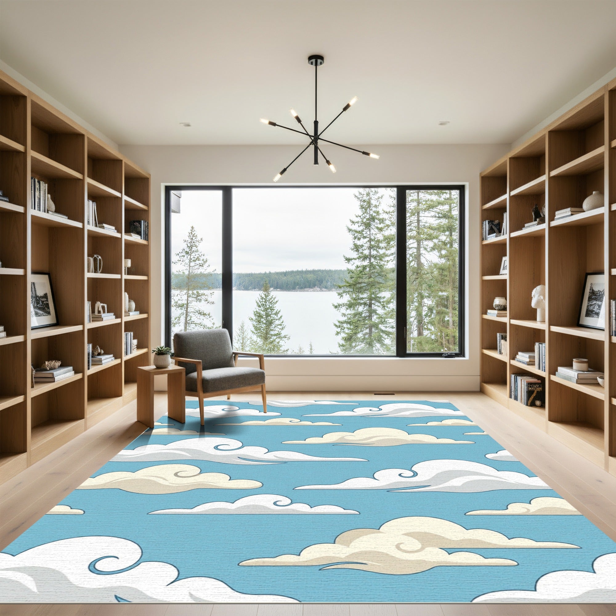 Whimsical Sky Blue Cloud Swirls Rug