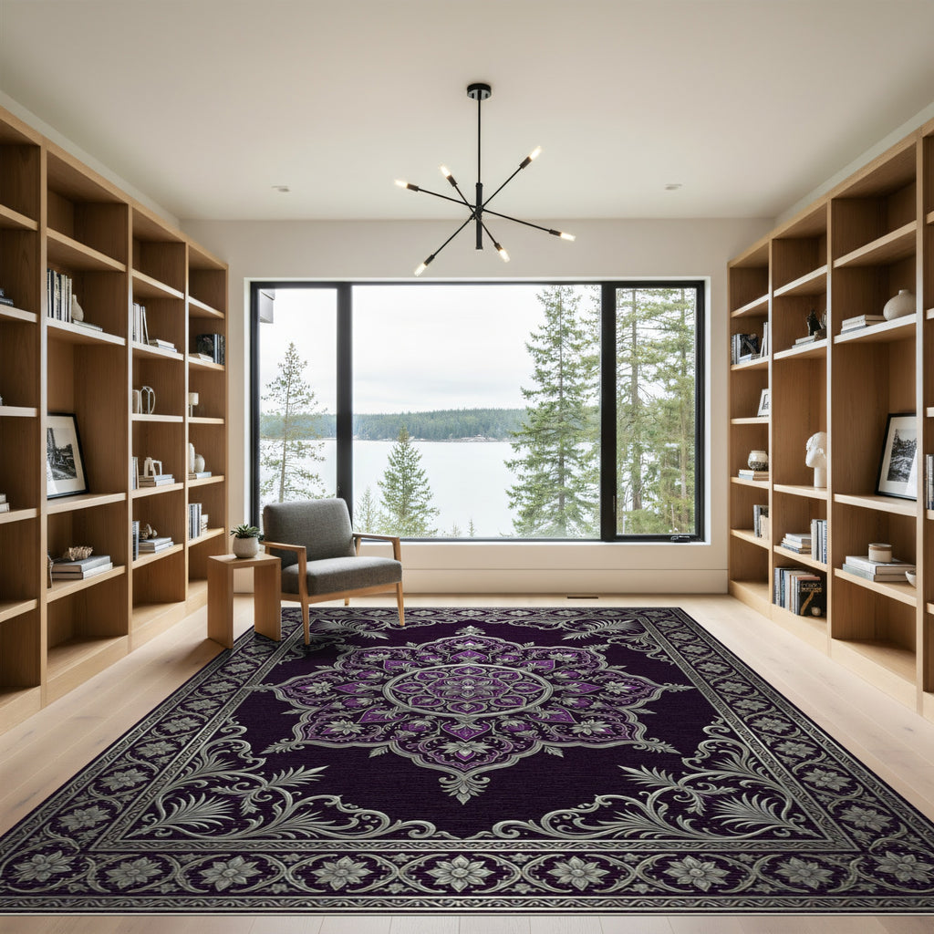 Ornate Purple Silver Mandala Rug