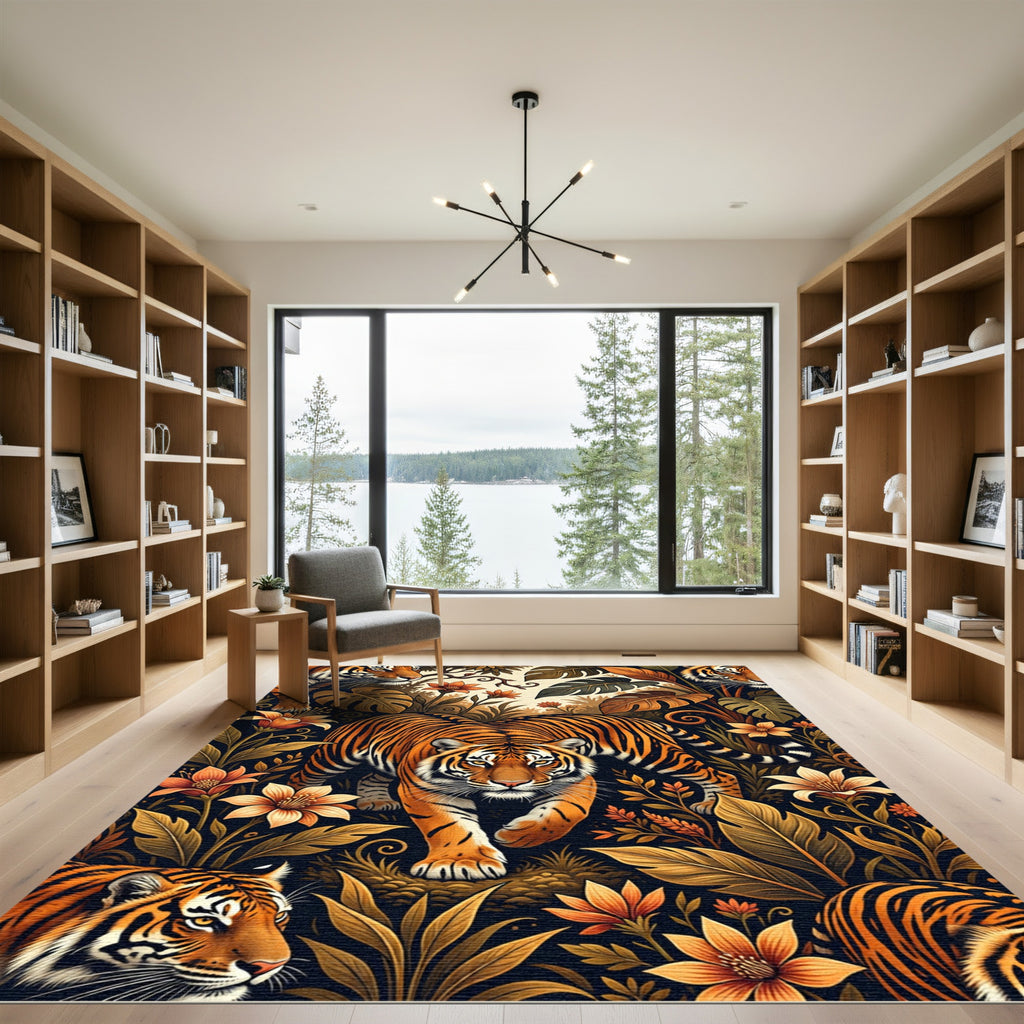 Majestic Tiger and Tropical Floral Jungle Rug