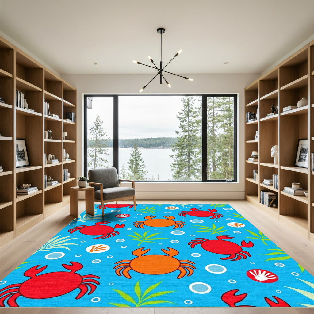 Red Orange Crab Tropical Foliage Bubbles Rug