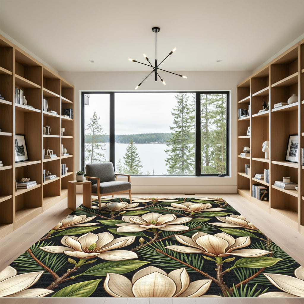 Cream Magnolia Branches Against Black Rug