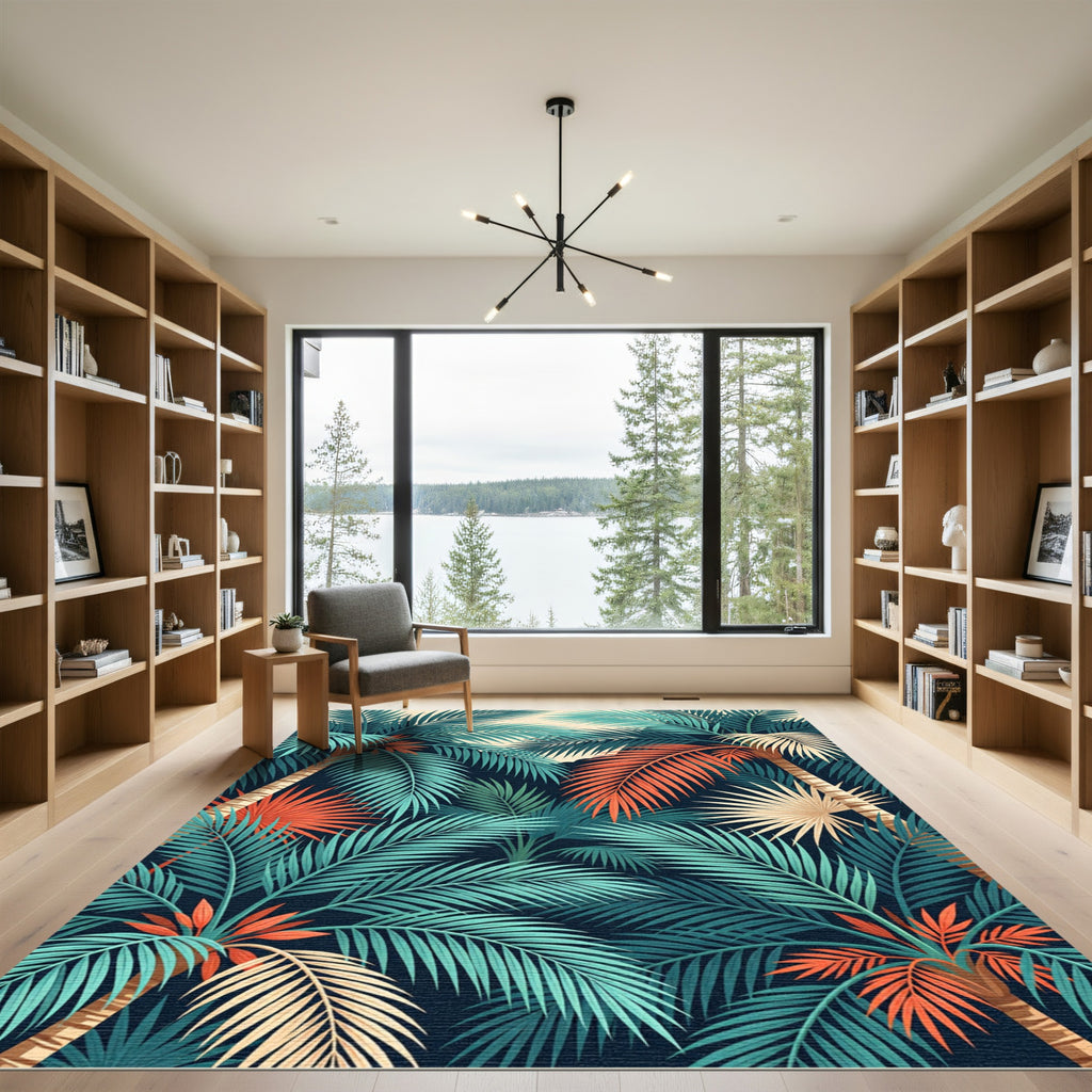 Vibrant Tropical Palm Foliage Illustration Rug