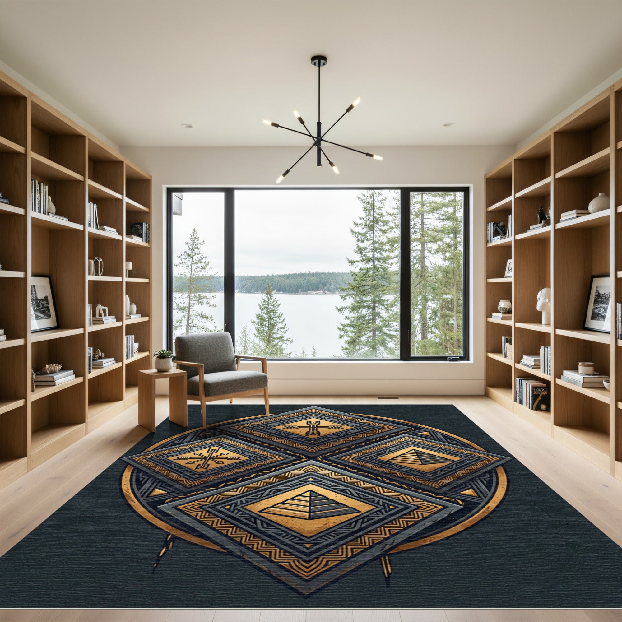 Black and Gold Geometric Diamond Emblem Rug