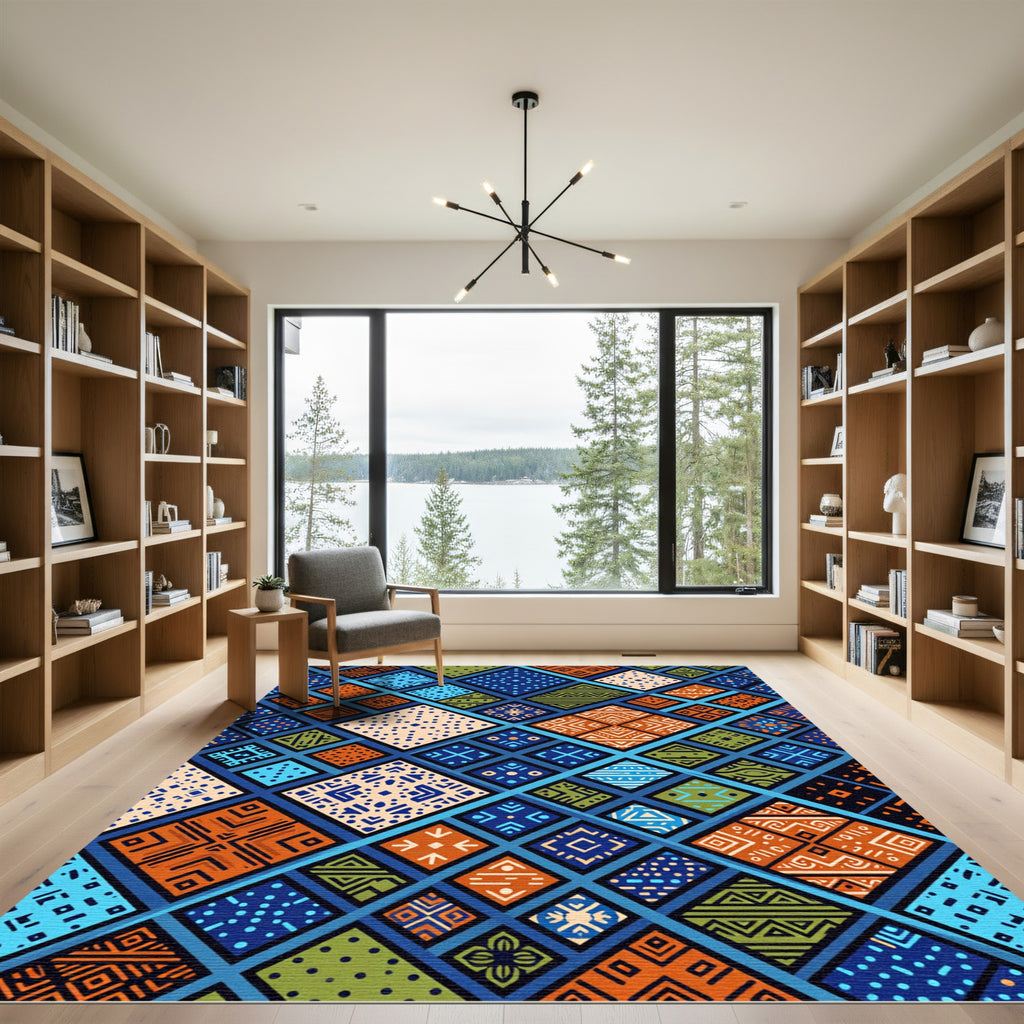 Vibrant Multicolored Geometric Afrocentric Diamond Grid Rug