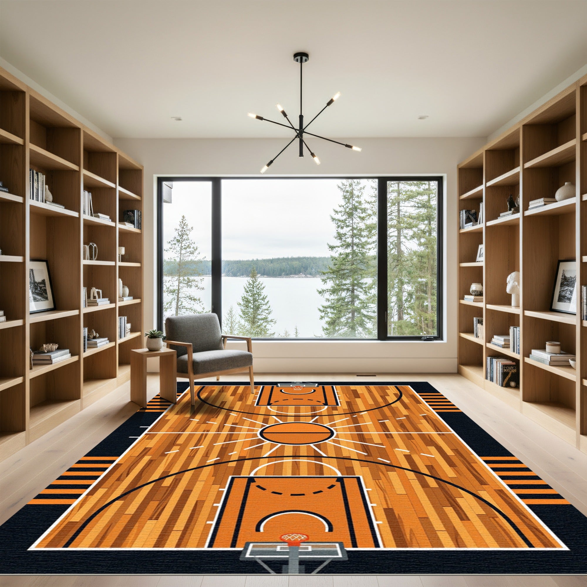Basketball Court Geometric Hardwood Graphic Rug