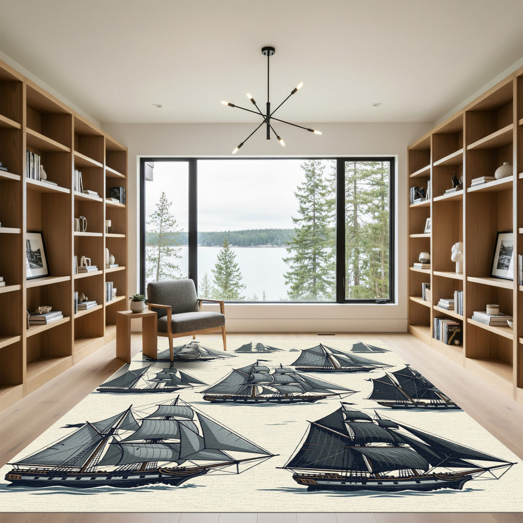 Illustrative Monochrome Sailing Ship Navy Artwork Rug