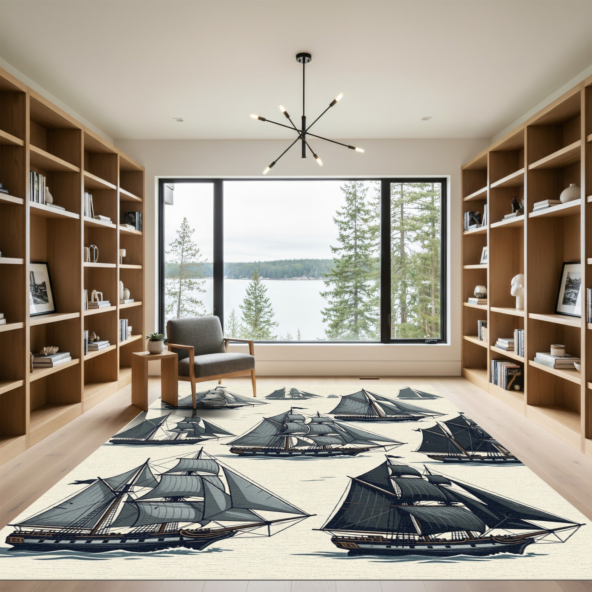 Illustrative Monochrome Sailing Ship Navy Artwork Rug