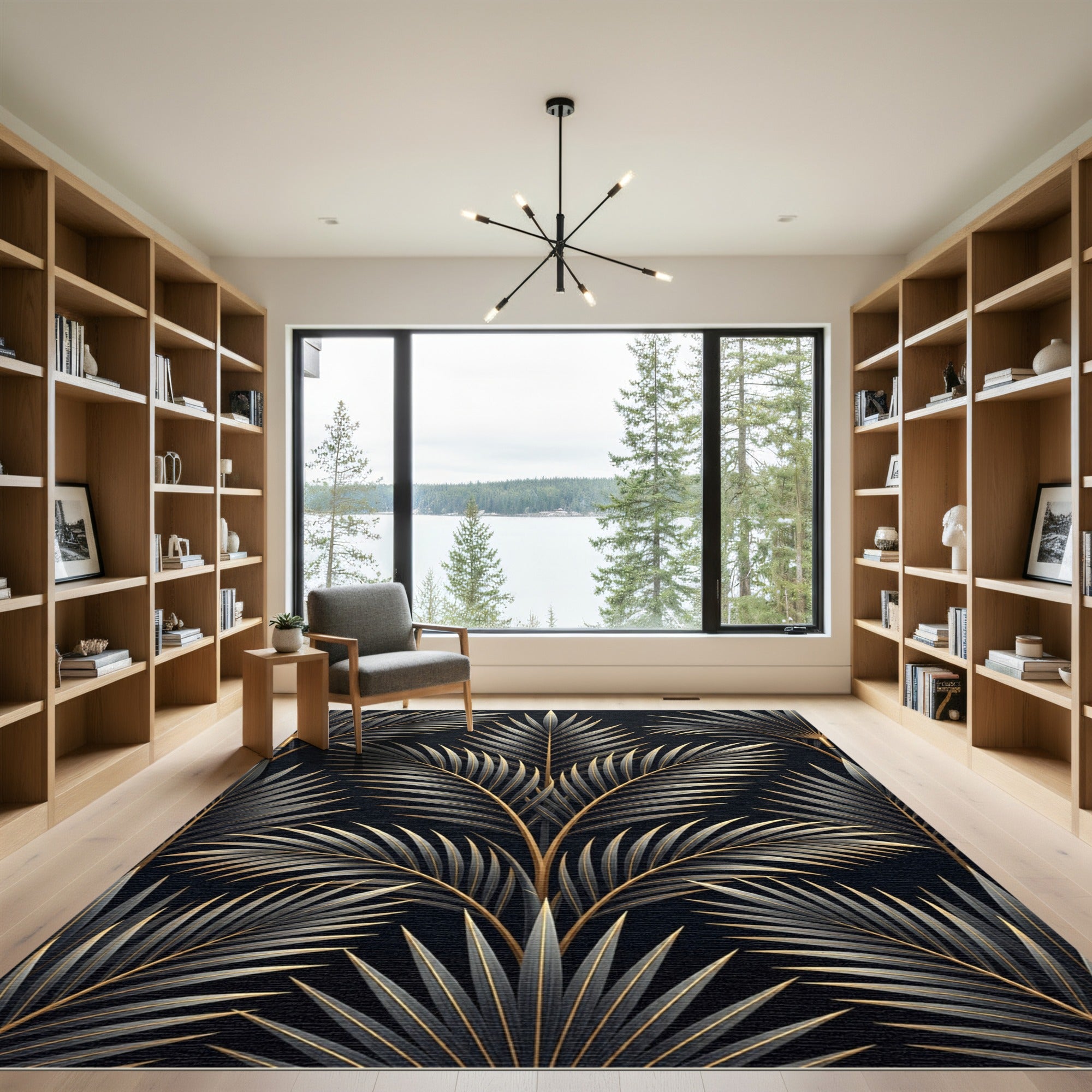 Elegant Gold Palm Leaf Art Deco Rug