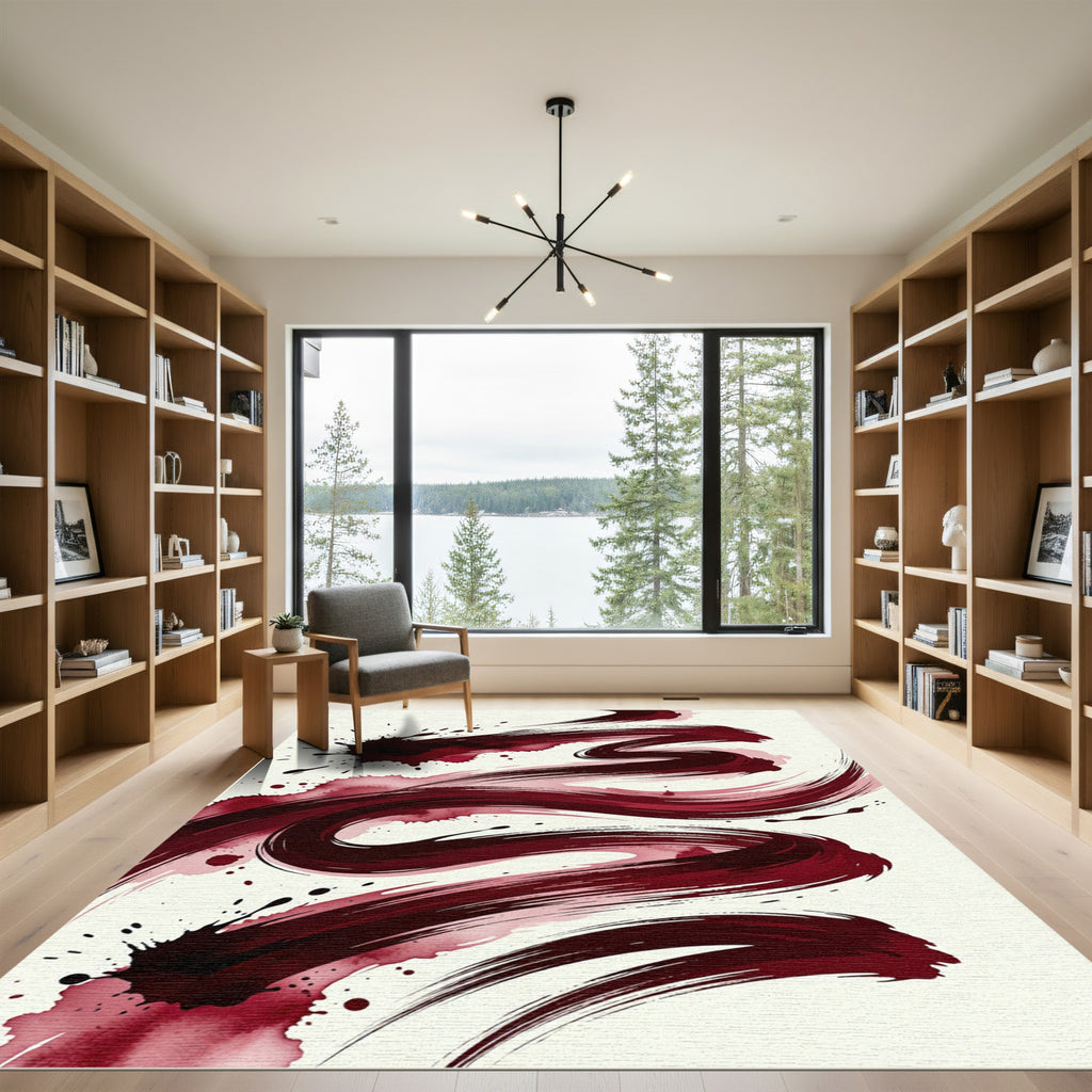 Crimson Ink Splatter Brush Stroke Rug