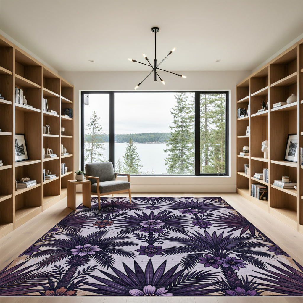 Dark Violet Tropical Palm Botanical Rug