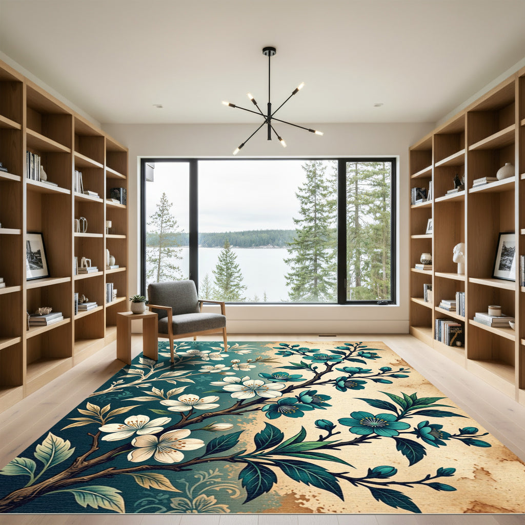 Teal and Cream Cherry Blossom Branch Rug