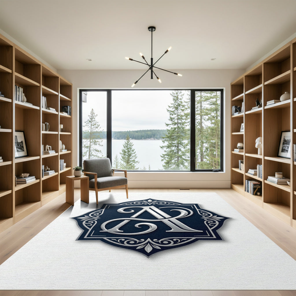Ornate Navy Silver Monogram Emblem Rug