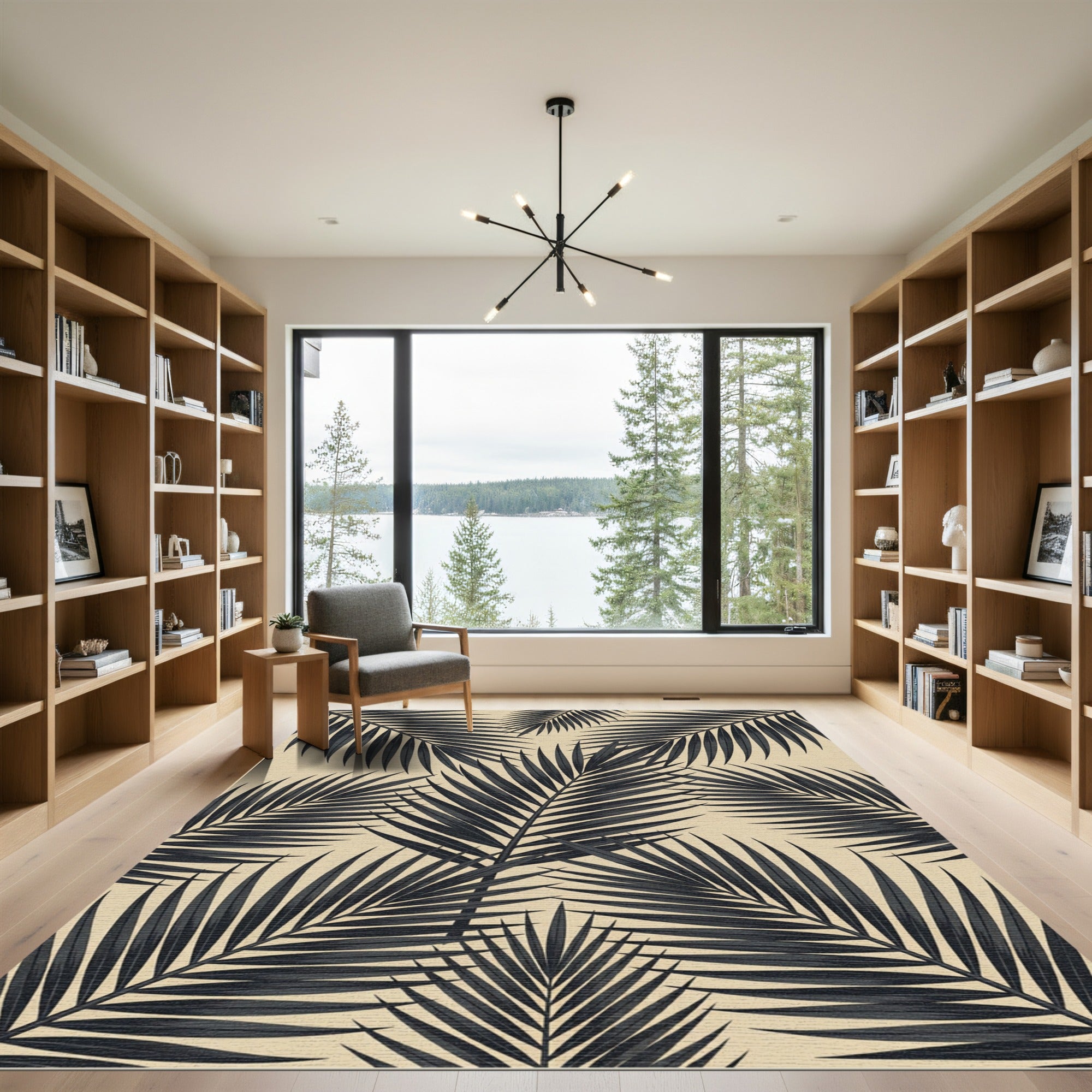 Bold Charcoal Tropical Palm Leaf Rug
