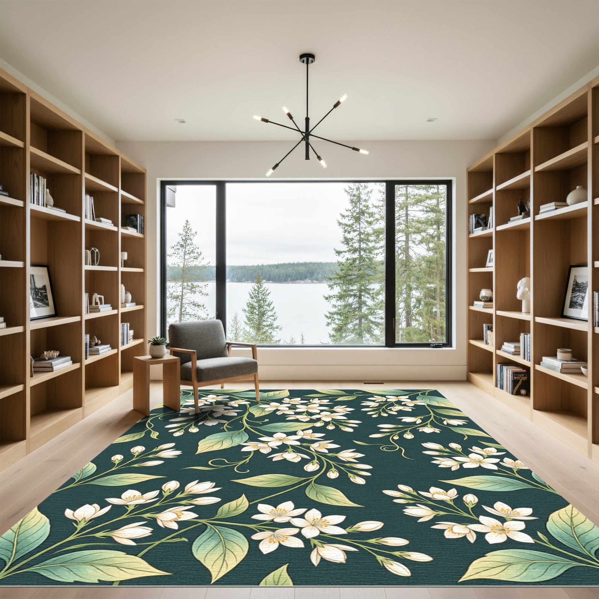 Dark Forest Jasmine Botanical Floral Illustration Rug