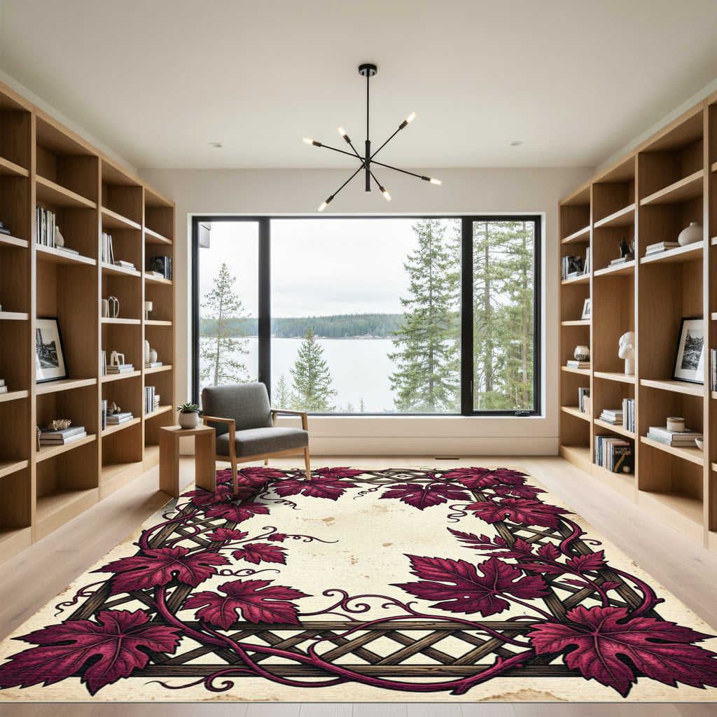 Deep Crimson Grapevine Lattice Border Rug
