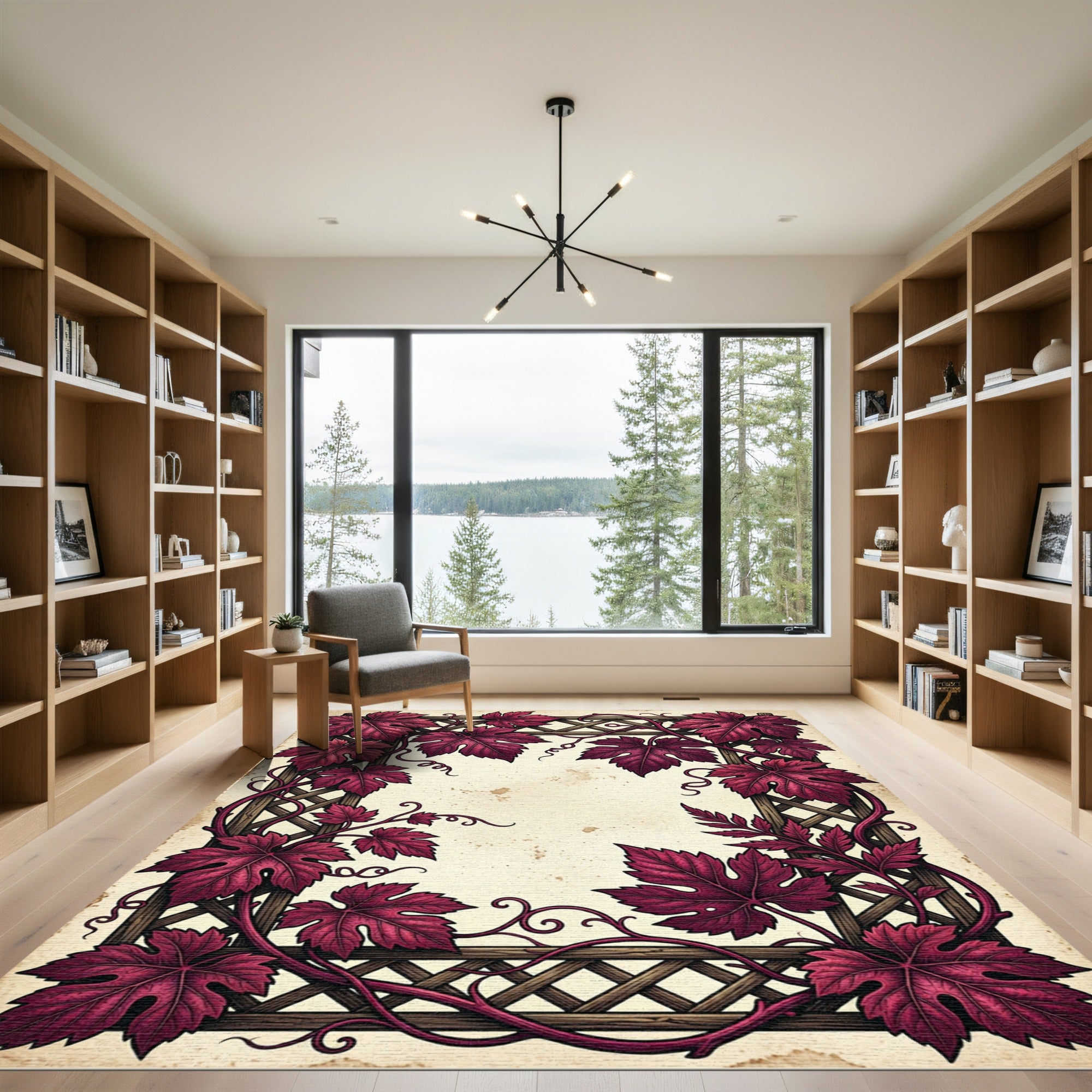 Deep Crimson Grapevine Lattice Border Rug