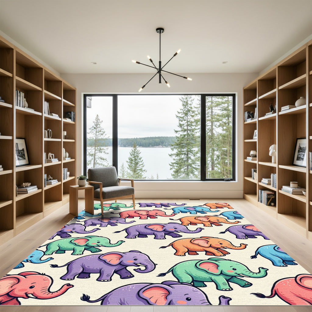 Whimsical Multi-color Elephant Parade Illustration Rug