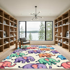 Whimsical Multi-color Elephant Parade Illustration Rug