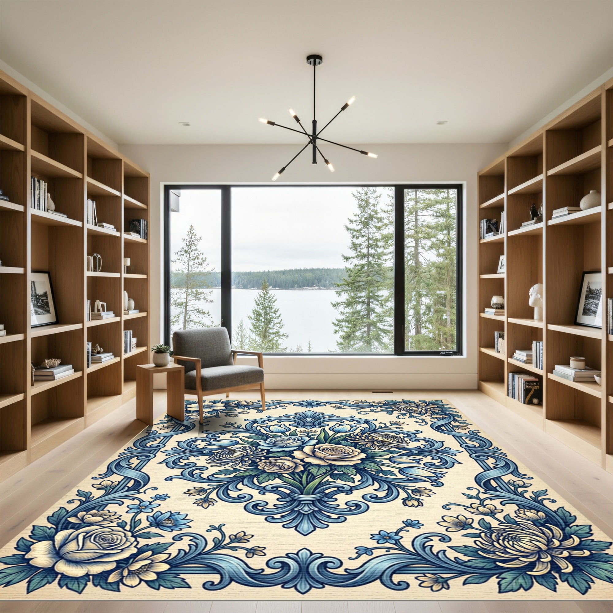 Cream Blue Floral Damask Scroll Rug