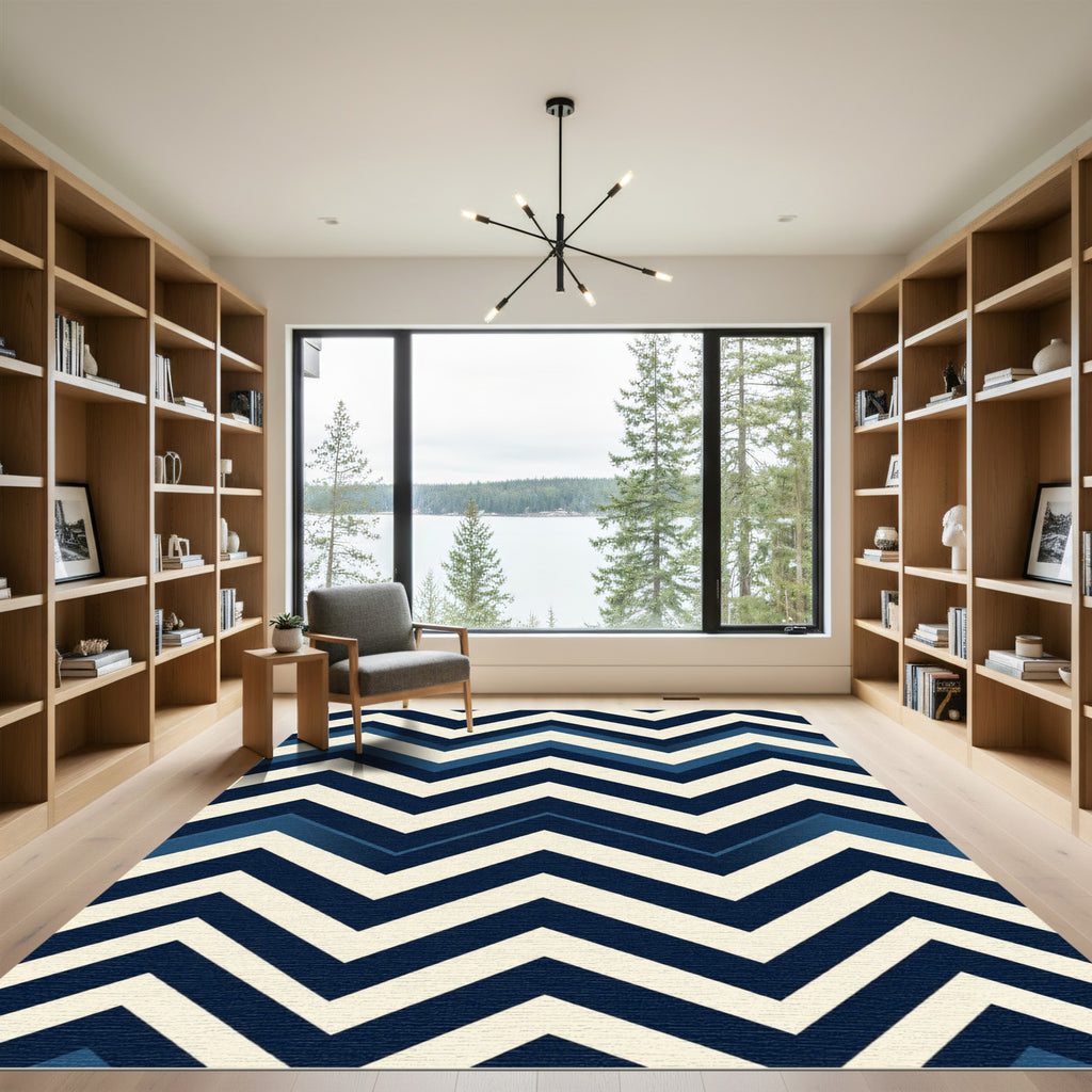 Navy Blue Geometric Chevron Zigzag Rug
