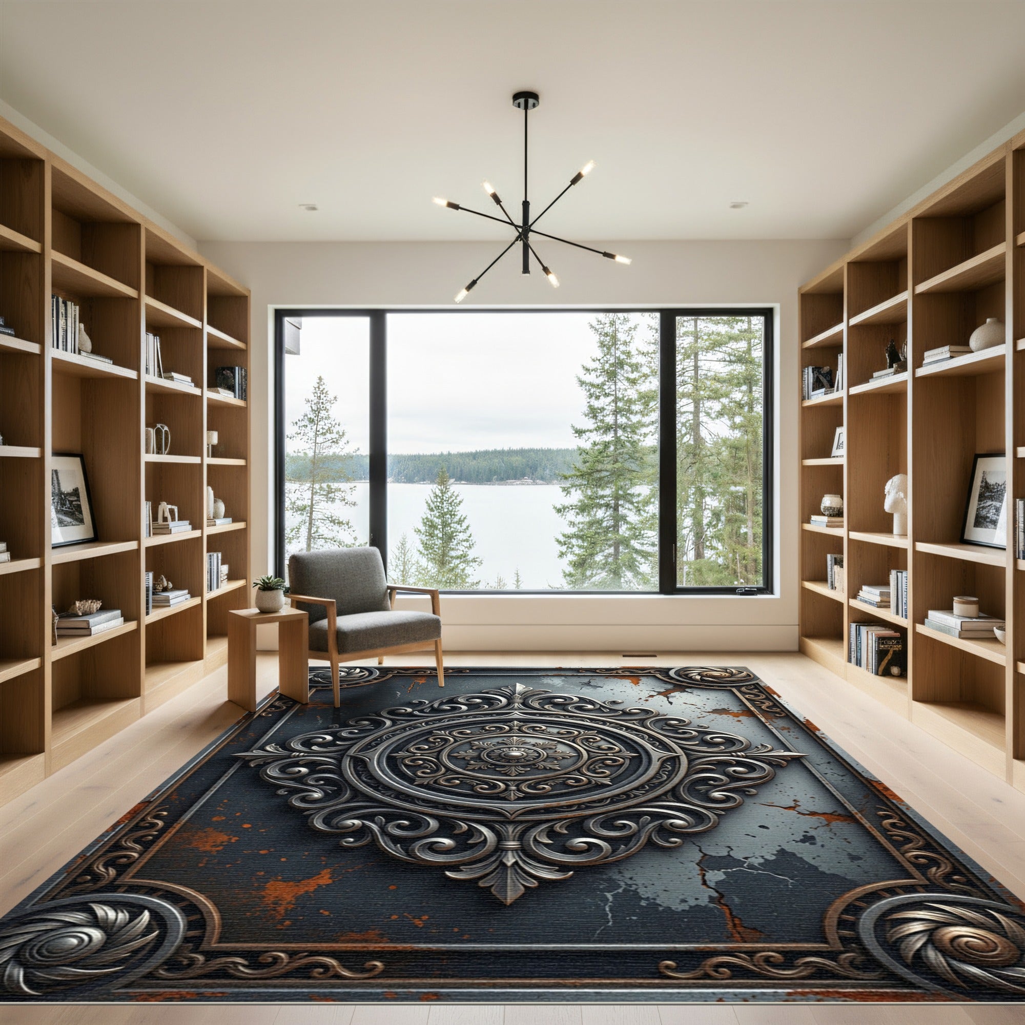 Ornate Metallic Gray Filigree Medallion Rug