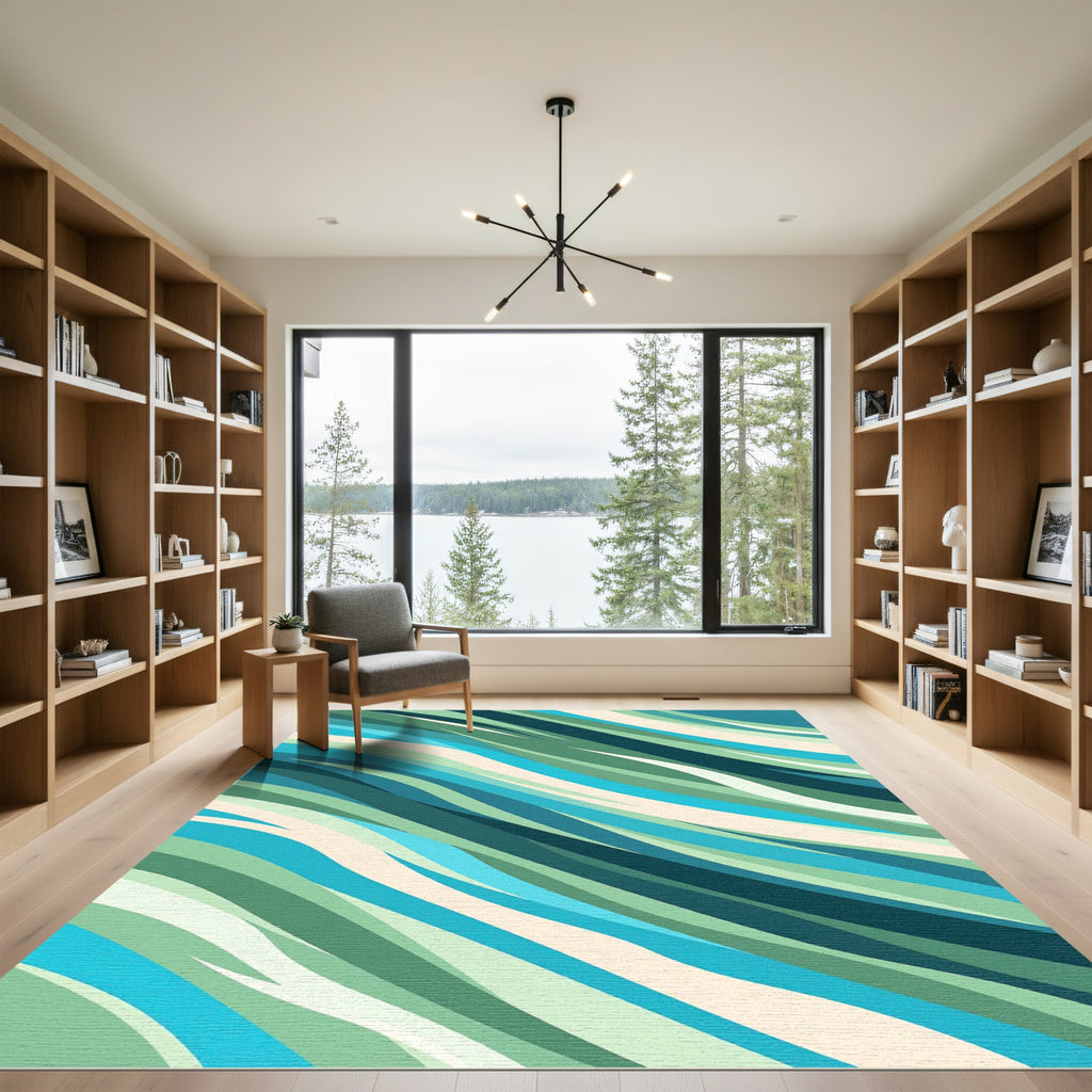 Modern Teal and Sage Wave Abstract Rug