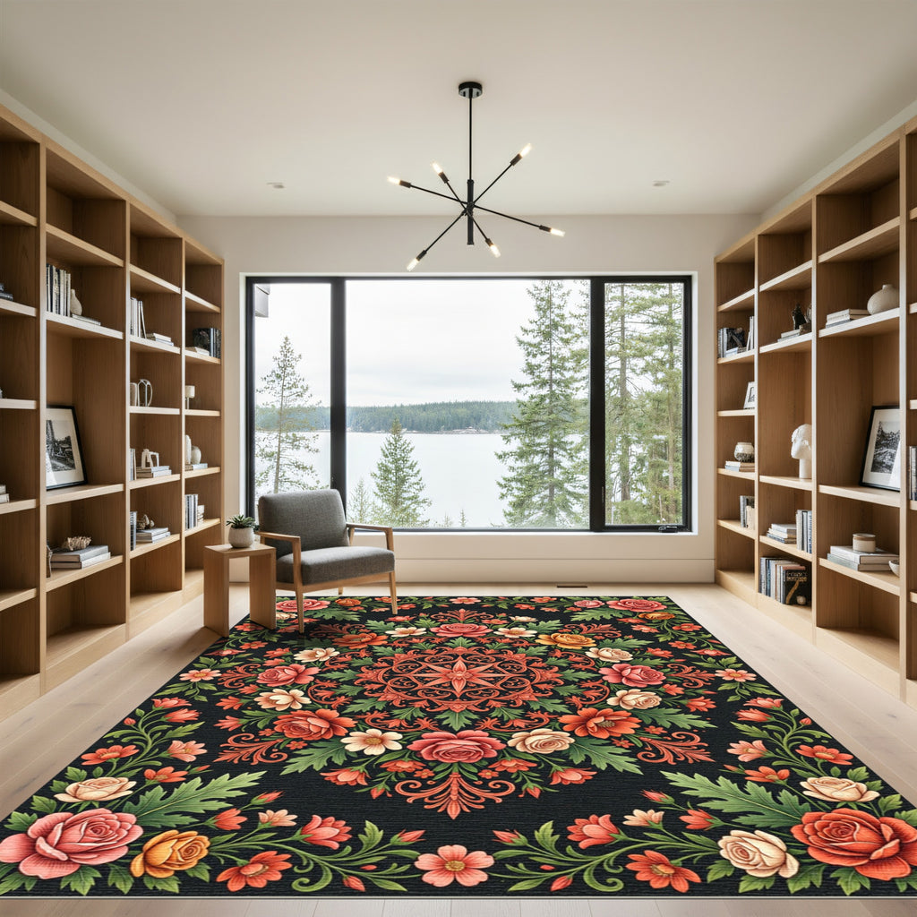 Ornate Floral Medallion Rose Garden Rug