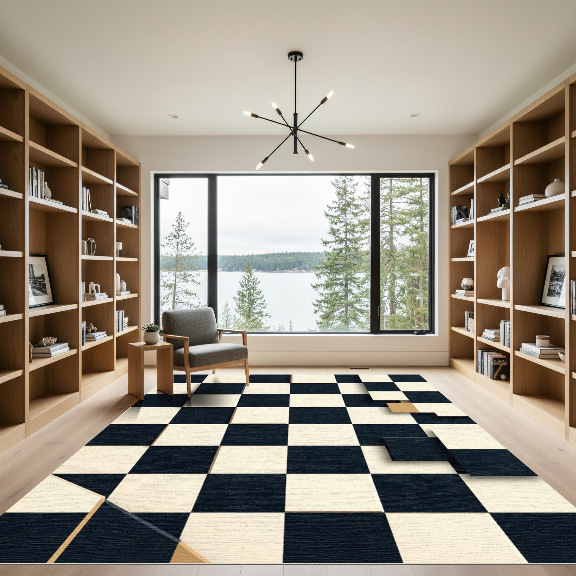 Modern Black and Cream Geometric Chessboard Rug