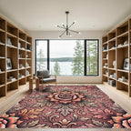 Ornate Coral Rose Scrolling Leaves Rug