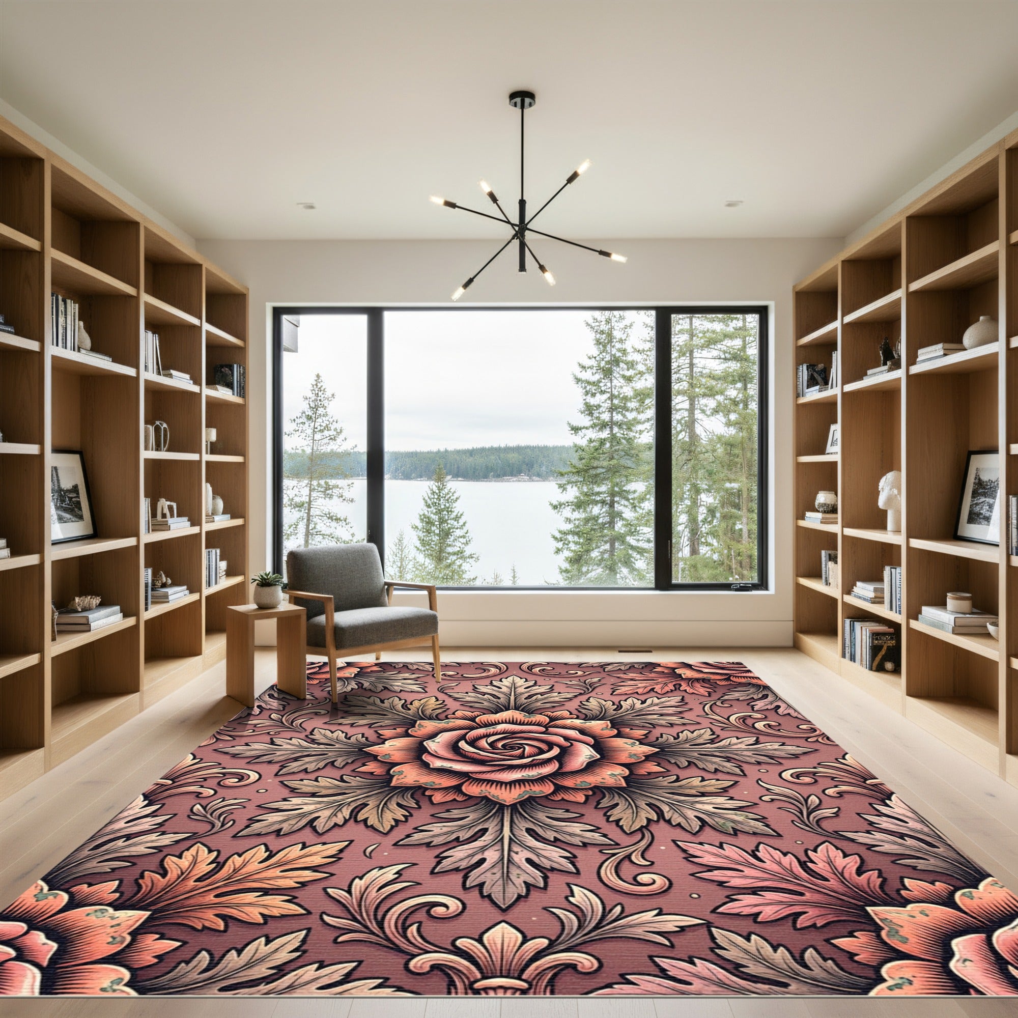 Ornate Coral Rose Scrolling Leaves Rug