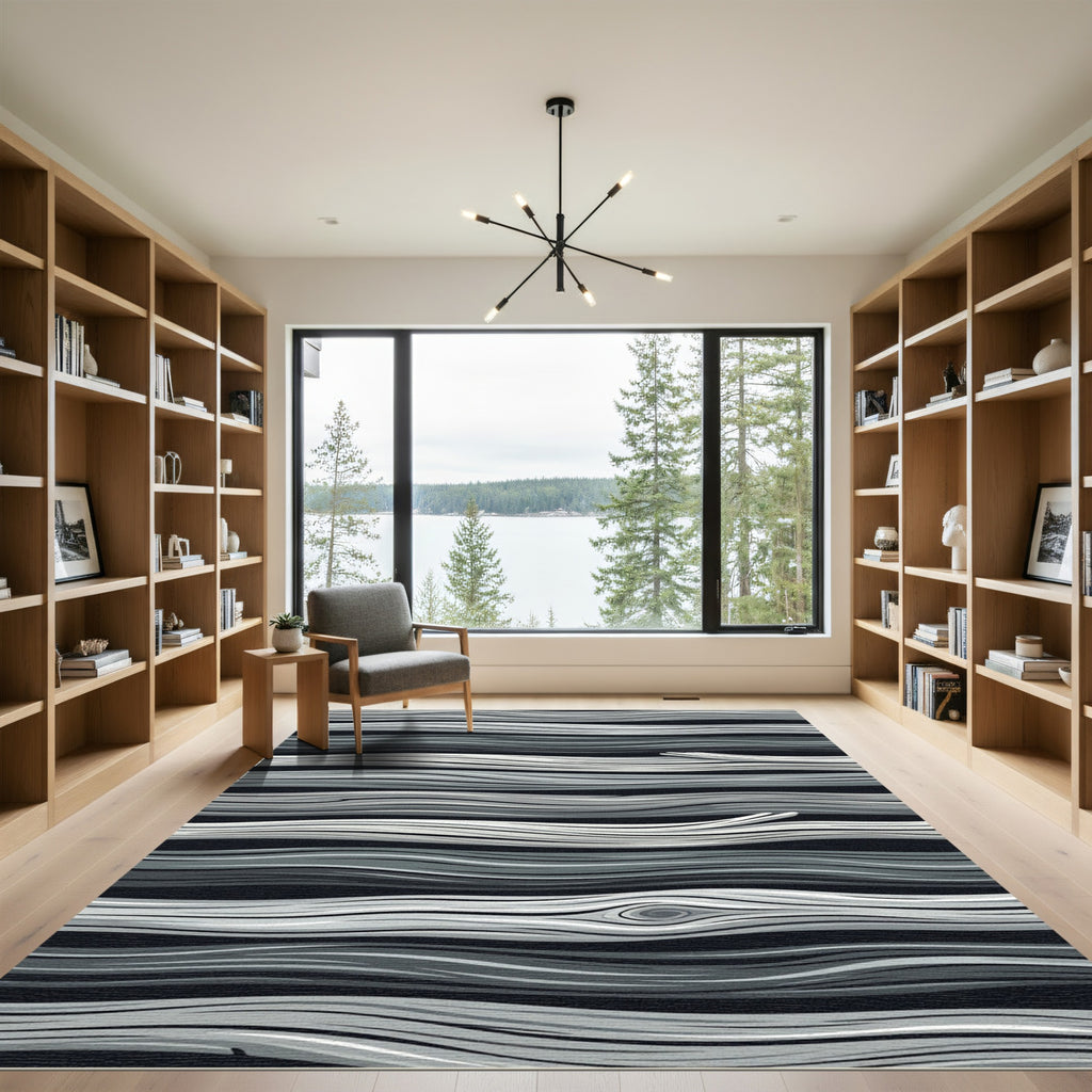 Monochrome Gray Wavy Grain Wood Texture Rug