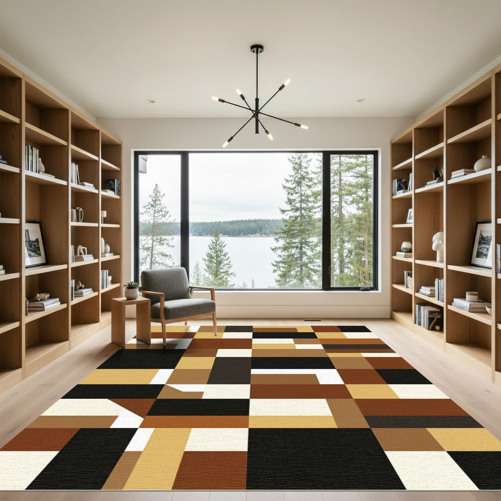 Modern Brown Abstract Geometric Block Grid Rug