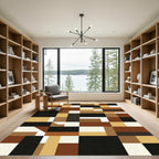 Modern Brown Abstract Geometric Block Grid Rug